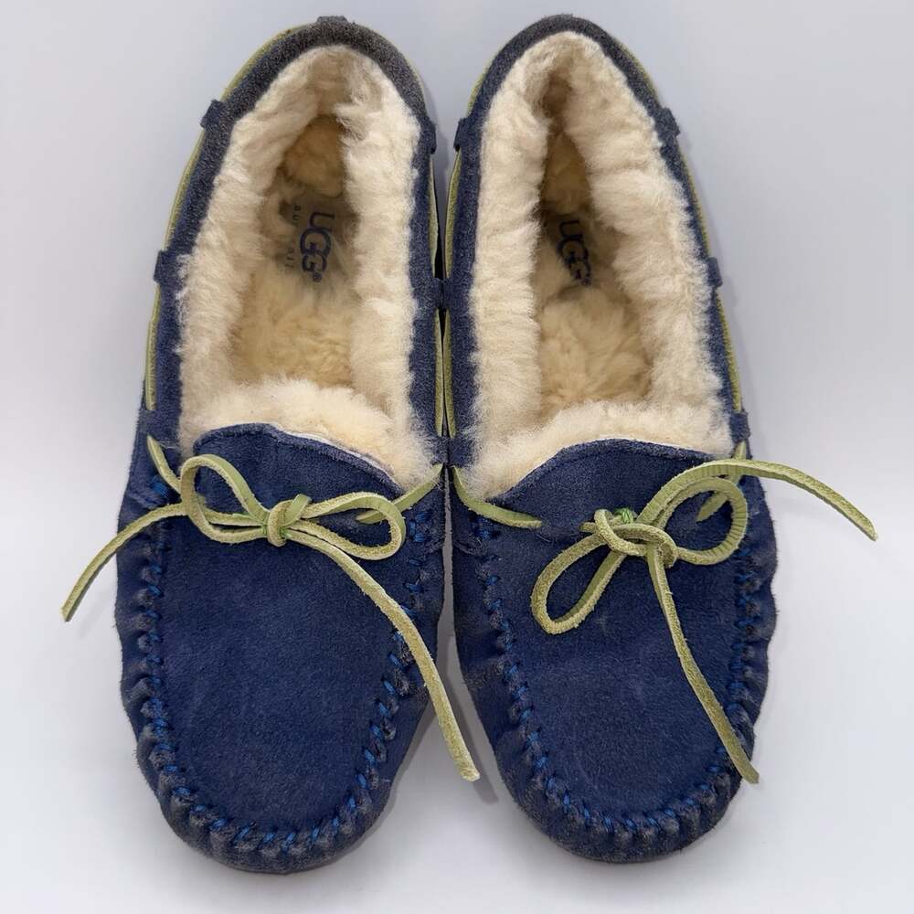 UGG Australia Women’s Sz 6 Blue Suede Shearling Moccasin Slippers Green Laces